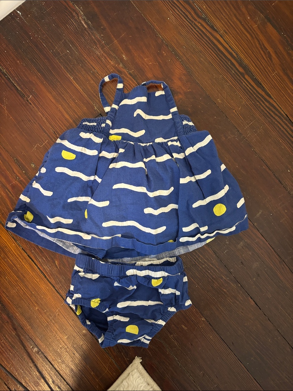 Hanna Andersson Blue and White Wave Print Dress with Yellow Dot Bloomer